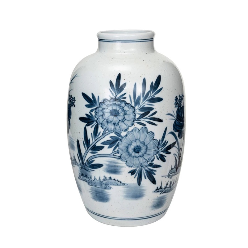 Hand-Painted Stoneware Vase White w Blue Flowers
