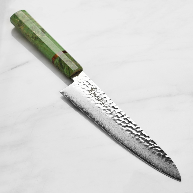 Takayuki Tsuchime Damascus 8.25″ Gyuto, Green Stabilized Handle