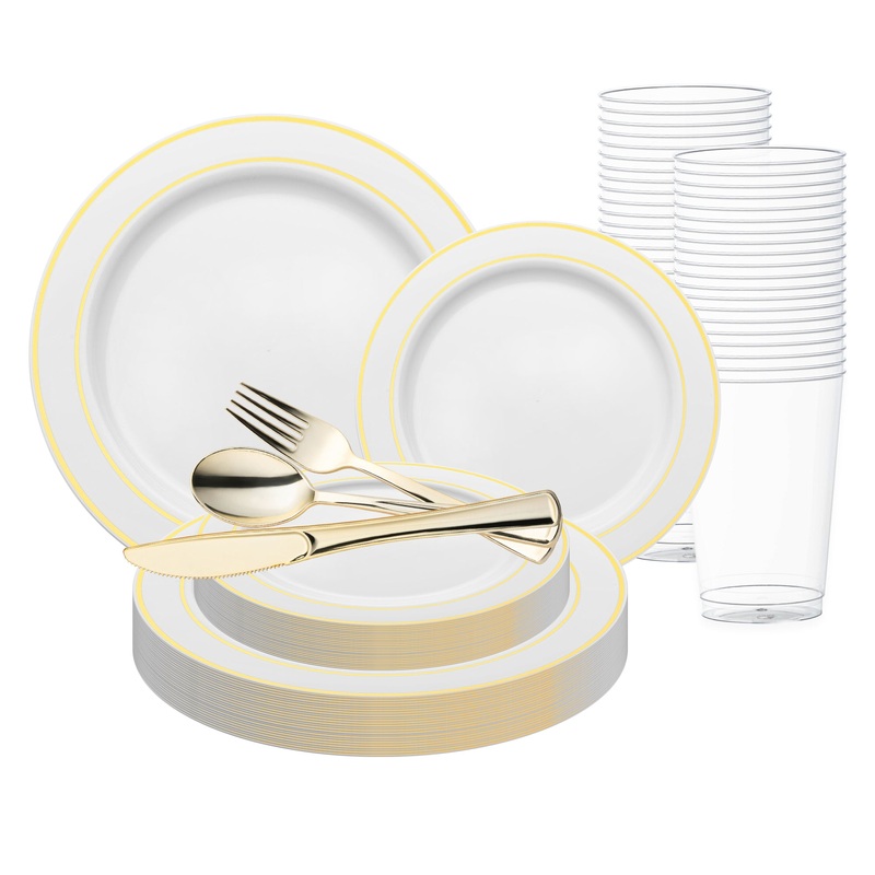 White with Gold Edge Rim Plastic Wedding Value Set