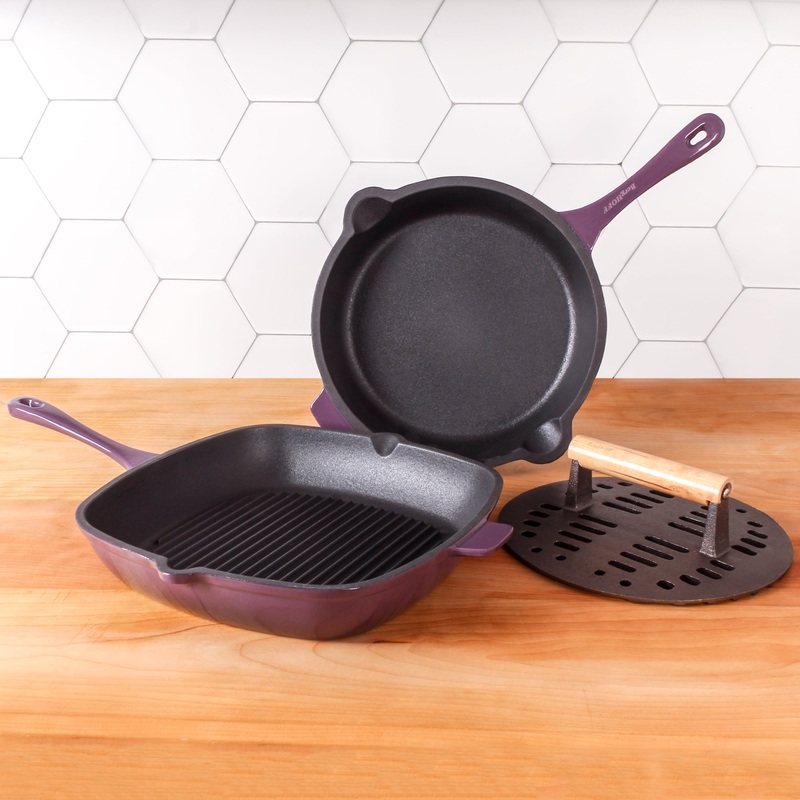 BergHOFF Neo 3pc Cast Iron Fry Pan & Grill Pan Set with Slotted Steak Press, Purple