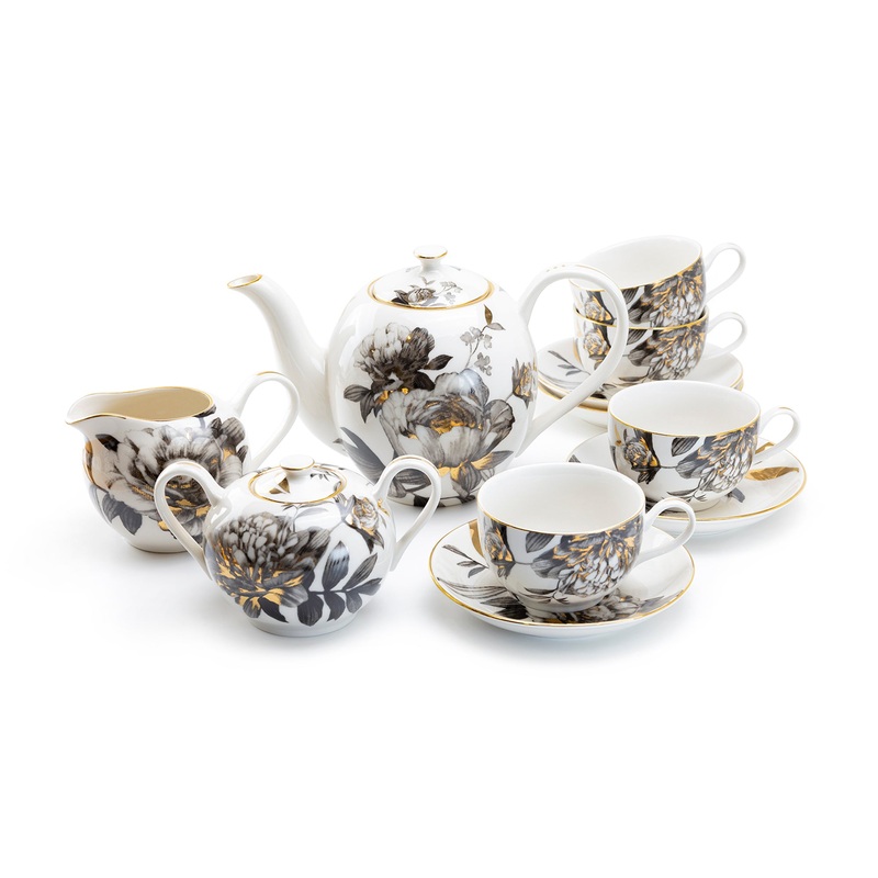 Black Gold Peony Fine Porcelain Tea Set