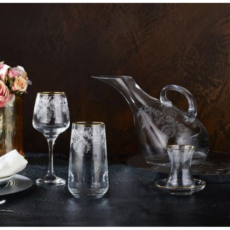 Kahramanlar Edremit Crystal Beverage Set with Gold Trim, 49 Pcs
