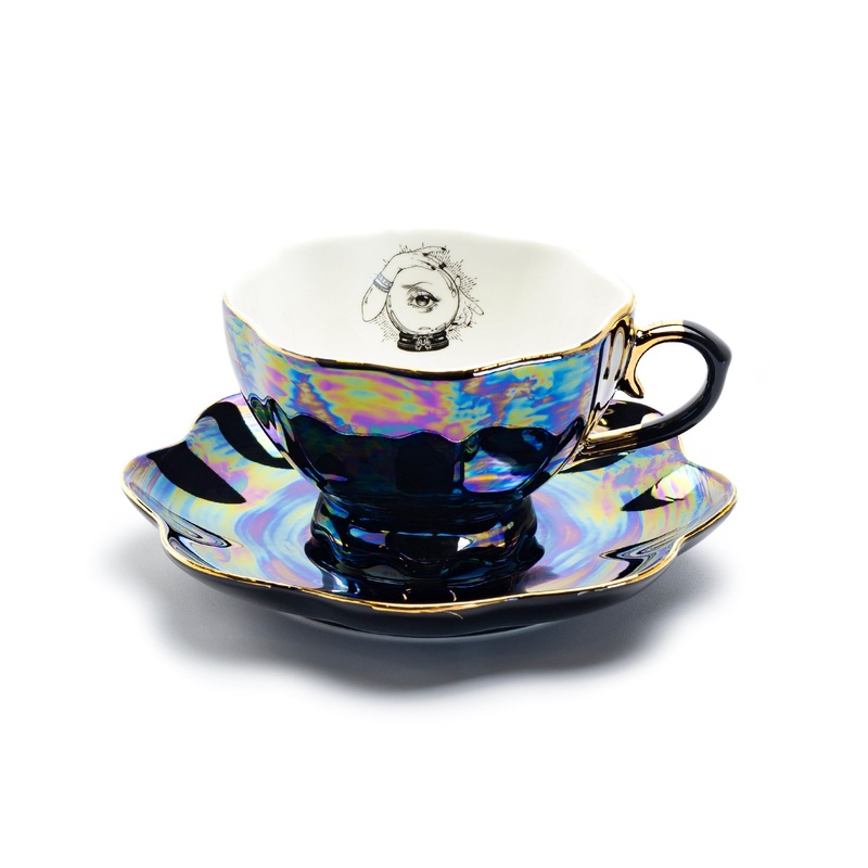 Witchy Crystal Ball Black Gold Luster Tea Cup and Saucer