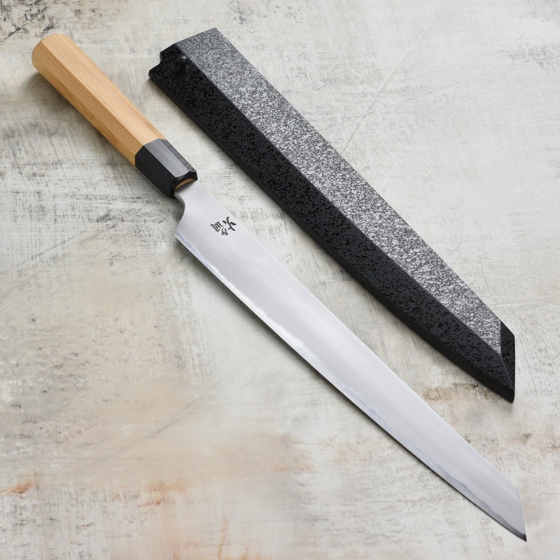 Takayuki x Itsuo Doi Homura Aogami #2 11.8″ Kengata Yanagiba with Saya