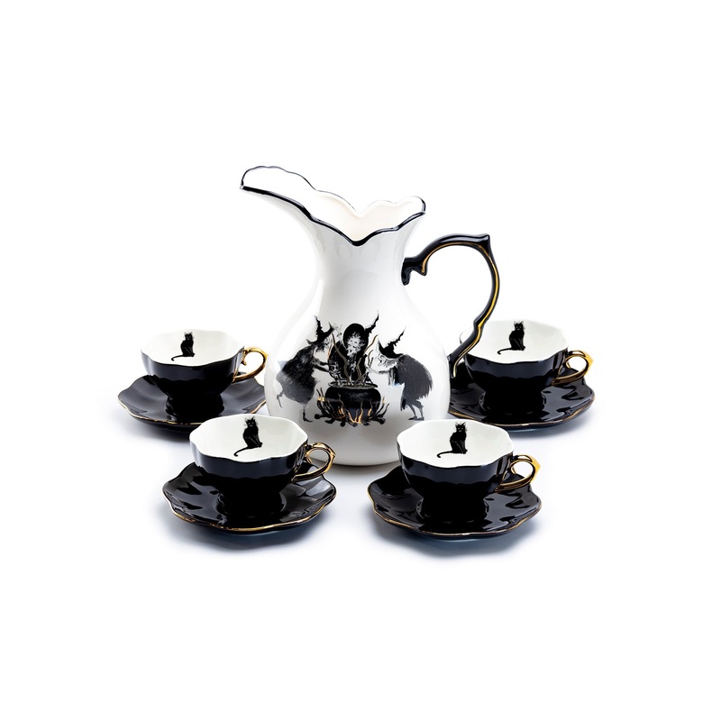 Witches Brew Pitcher + 4 Black Cat Tea Cup and Saucer Sets