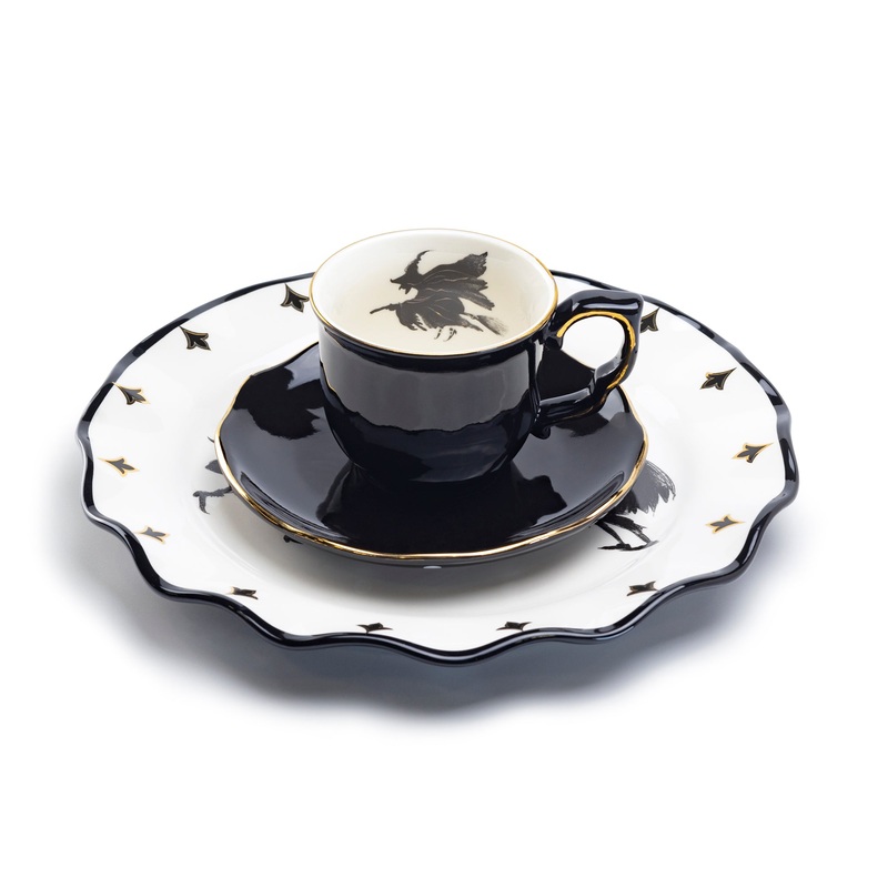Flying Witch Black Gold Tea Cup and Saucer + Witches Brew Serving Platter Set
