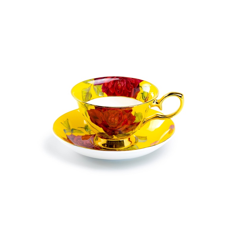 Gold Yellow Stem Rose Bone China Tea Cup and Saucer