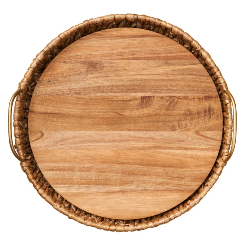 Water Hyacinth Round Tray w/ Metal Handles Acacia Wood Liner