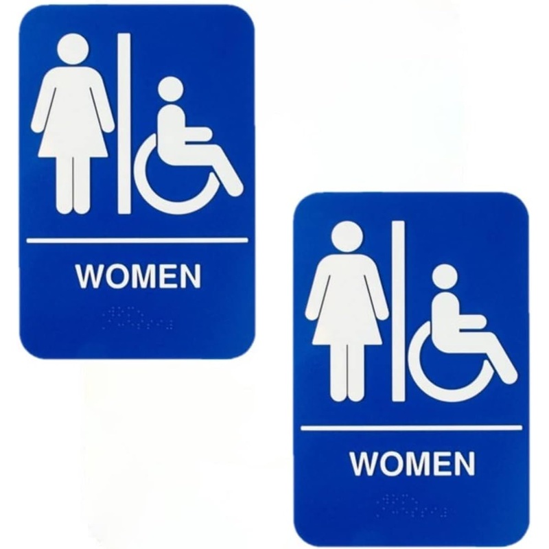 6″ x 9″ Women/ Wheelchair Accessible Restroom Sign with Braille Easy Peel Self-Adhesive White on Blue Color Set of 2- Waterproof Self Adhesive Store Signs Indoor/Outdoor Warning Marker Home Business Use