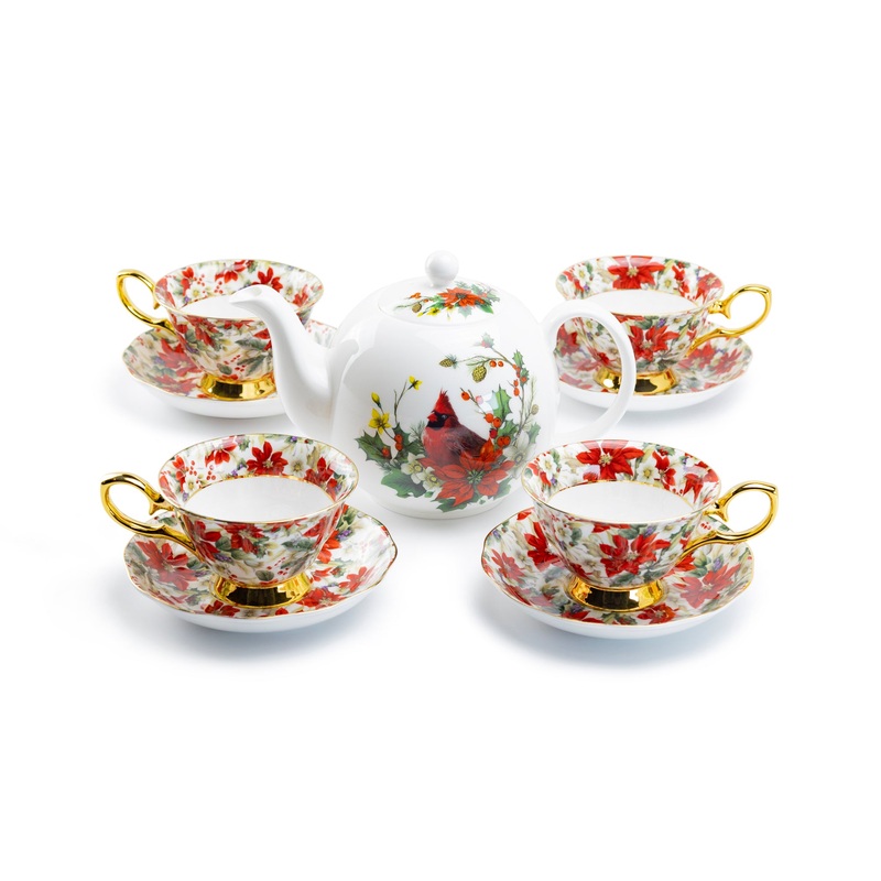 Cardinal Poinsettia Chintz Gold Bone China Tea Set