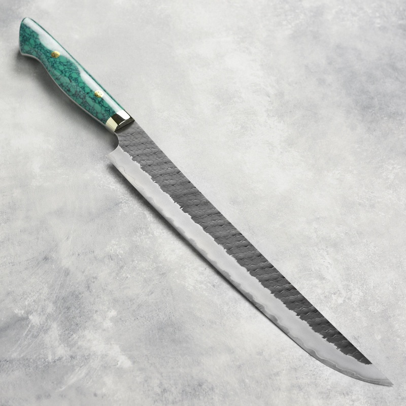 Nigara SG2 Kurouchi Tsuchime 11.8″ Sakimaru Sujihiki, Green Turquoise