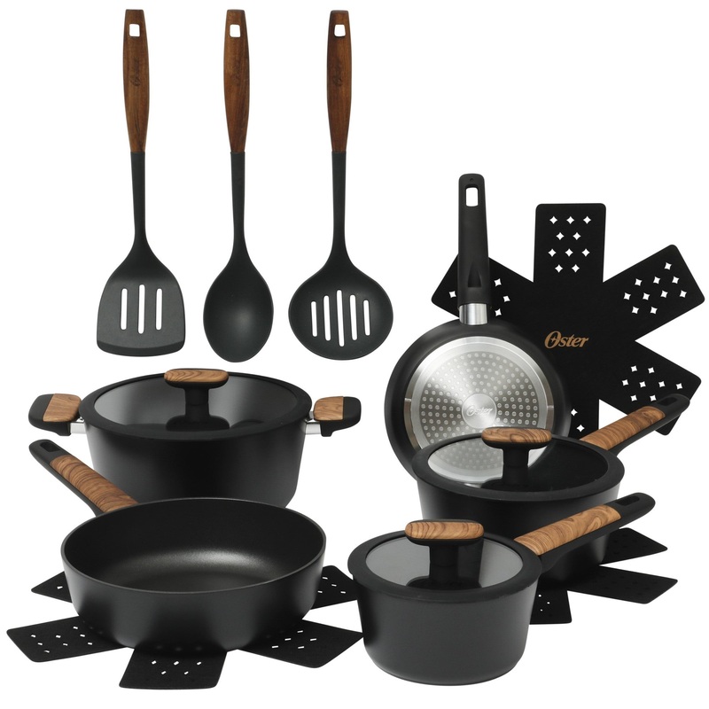 Oster Platinum Oxburg 14 Piece Forged Aluminum PFA Free Non-toxic Premium Ceramic Non Stick Interior Cookware & Kitchen Tools Set – Black W. Wood Handles