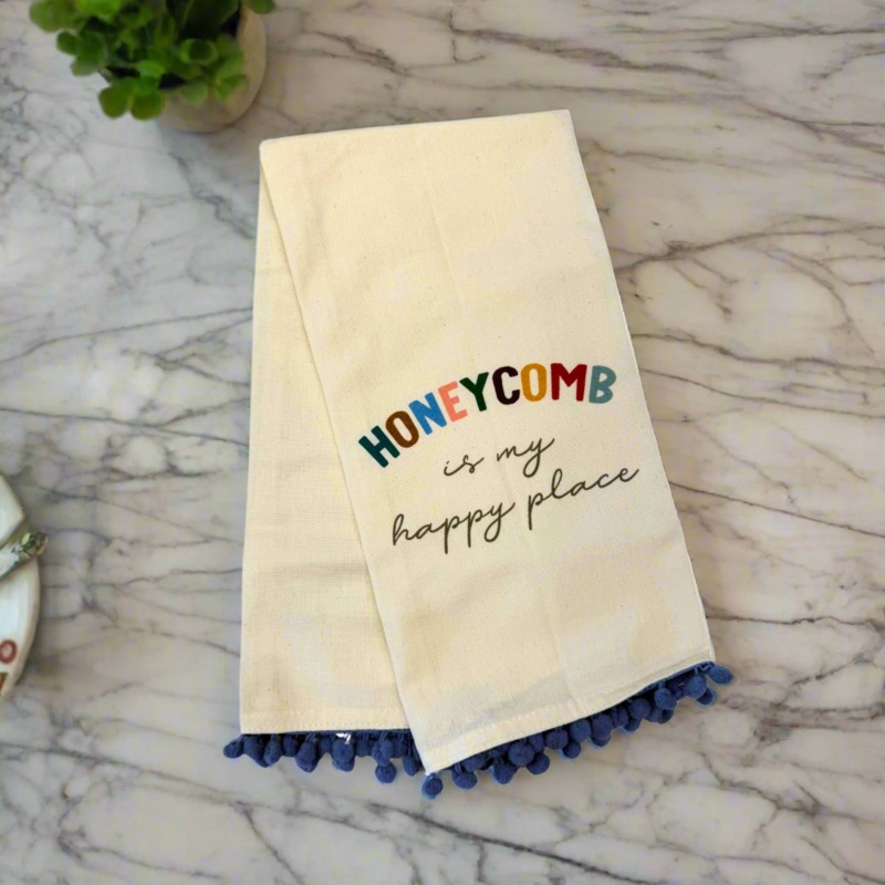 Dishtowel – Honeycomb Happy Place Blue Pom