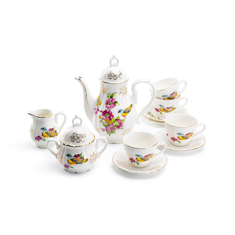 Spring Flowers with Bird Fine Porcelain 11-Piece Mini Tea Set