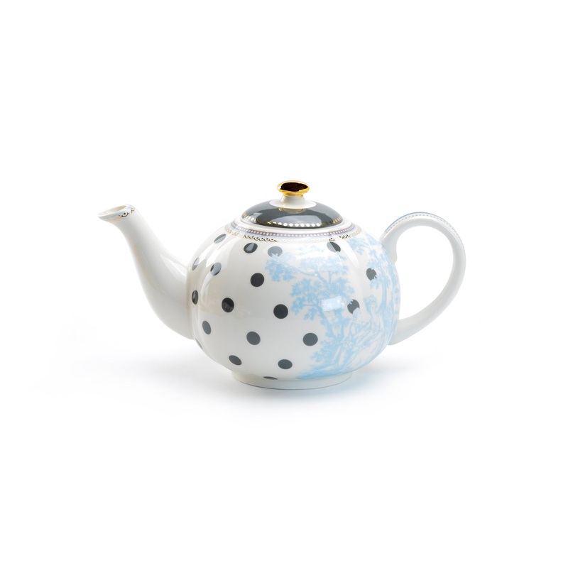 Dark Gray Dots with Blue Toile Fine Porcelain Teapot