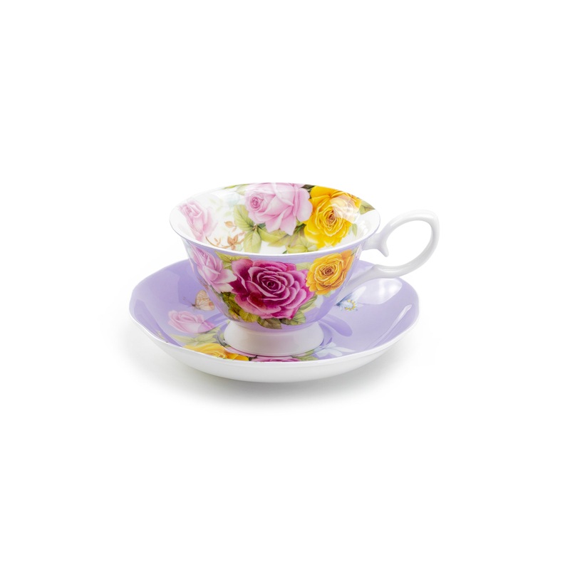 Rose Bouquet Purple Bone China Tea Cup and Saucer