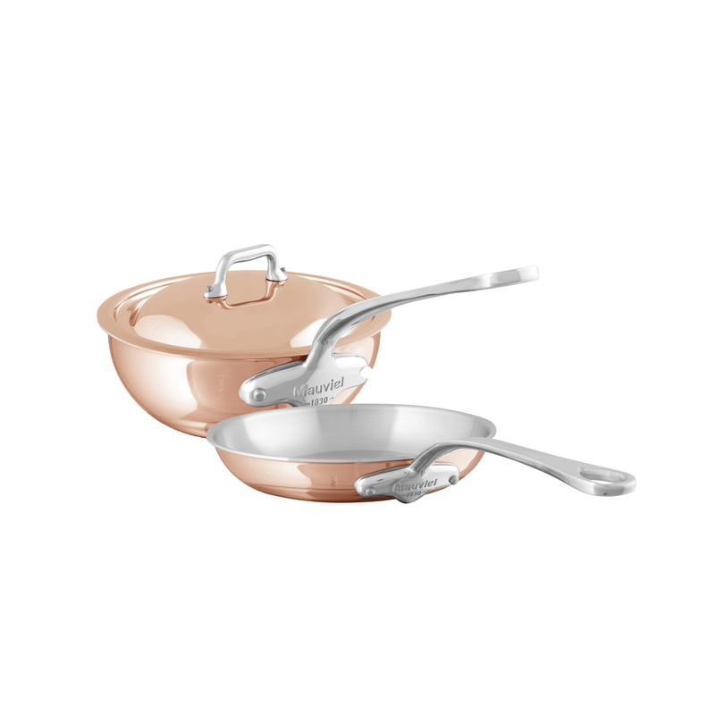 Mauviel M’Heritage M’6 S Induction Copper Chef Pan 2.1-Qt and Frying Pan 7.9-In Set With Cast Stainless Steel Handle