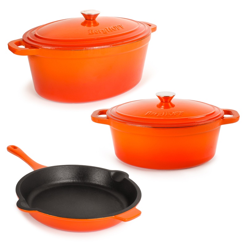 BergHOFF Neo 5pc Cast Iron Oval Dutch Oven Set with 10″ Fry Pan, 5qt. & 8qt., Orange