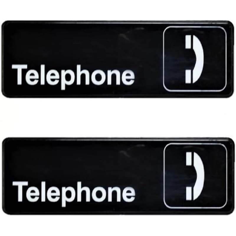 9″ x 3″ Telephone Sign with Easy Peel Self-Adhesive White on Black Color Set of 2- Door Sign Waterproof Self Adhesive Store Signs Indoor/Outdoor Warning Marker Home Business Use
