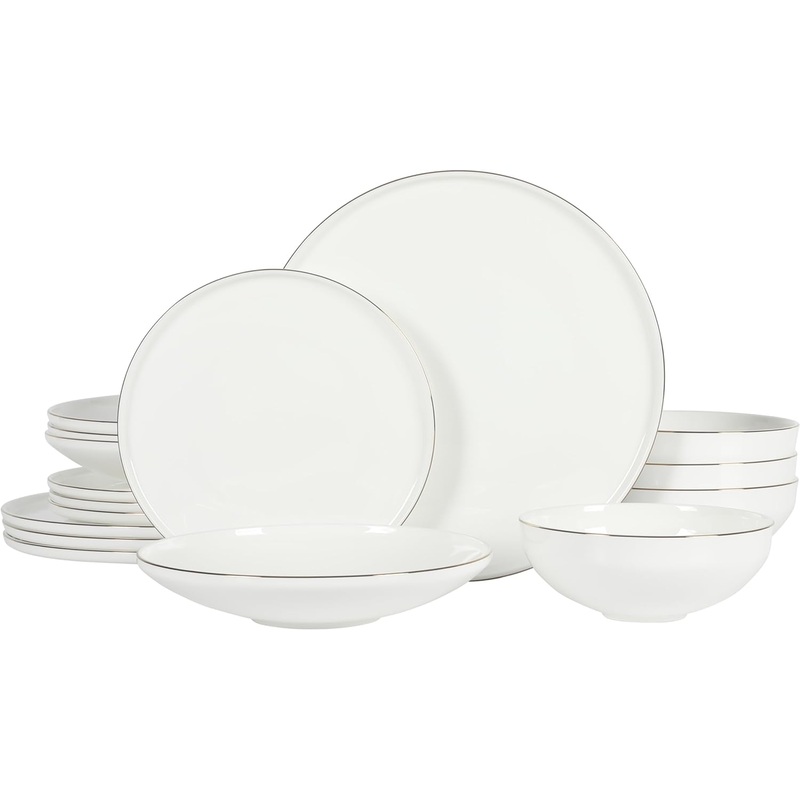 Gibson Elite Lana 16 Piece Bone China Double Plates and Bowls Dinnerware Set W/ Gold Rim