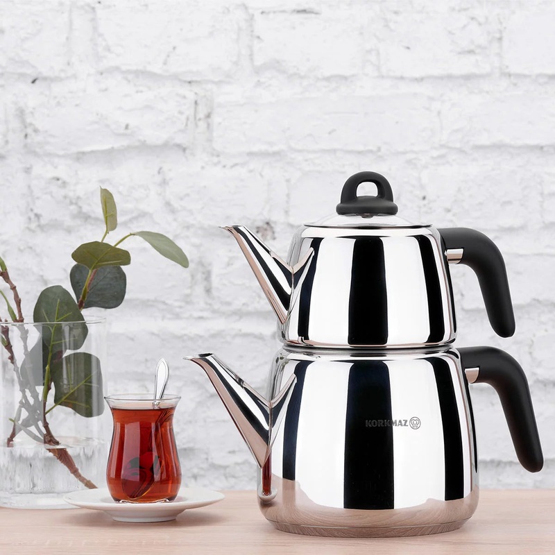 Korkmaz Bella Turkish Teapot Set for Stovetop, Stainless Steel Double Tea Maker, 3 Pcs, 1.05 qt and 2.11 qt