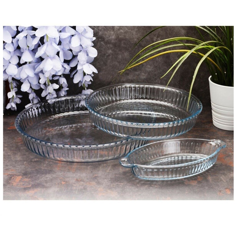 Pasabahce Glass Pie Pan for Baking, Deep Round Plate Dish, Oven Safe Tray, 3 Pcs