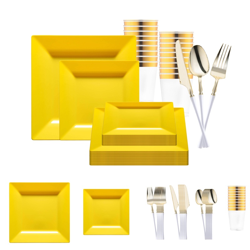 Yellow Square Disposable Plastic Tableware Set