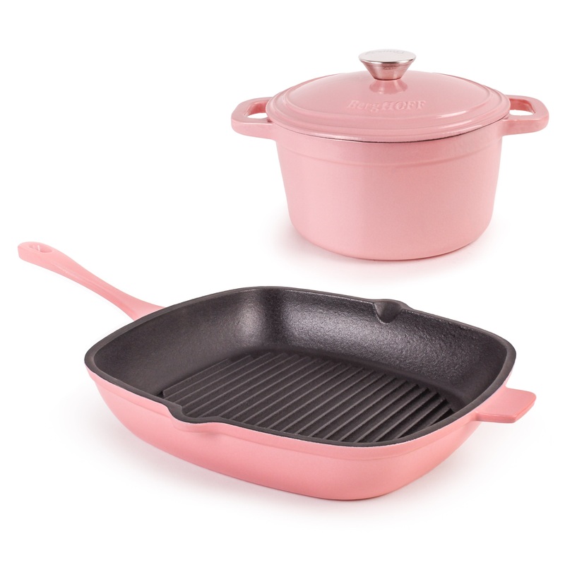 BergHOFF Neo 3pc Cast Iron Cookware Set, Grill Pan & Round Dutch Oven, Pink