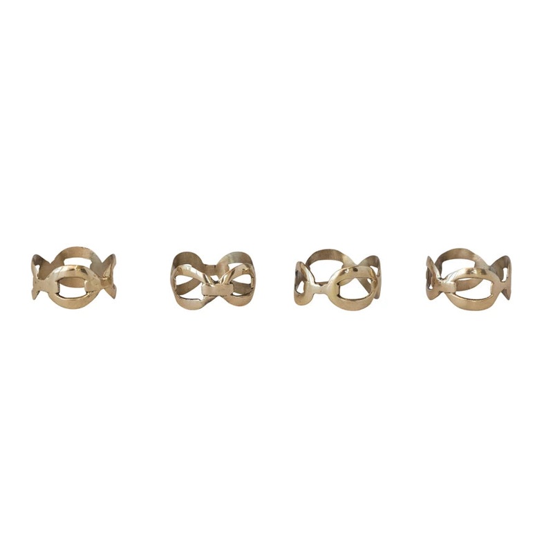 Brass Chain Shaped Napkin Rings w Leather Tie, Set of 4