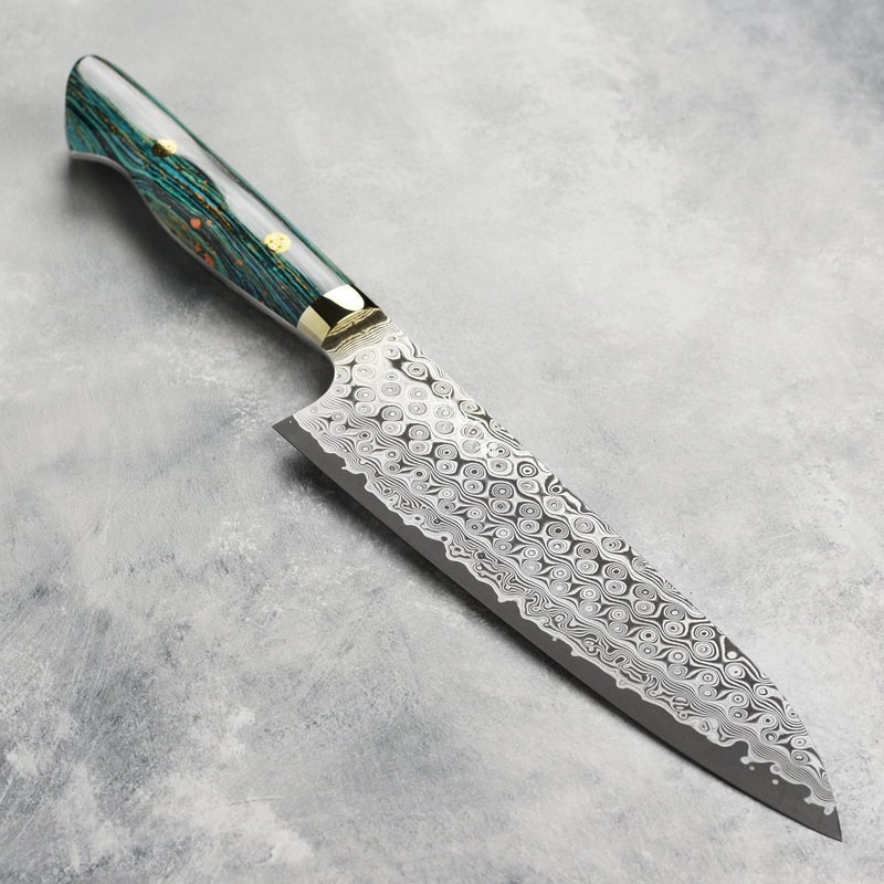 Nigara Anmon SG2 Damascus 8.25″ Gyuto, Striped Turquoise