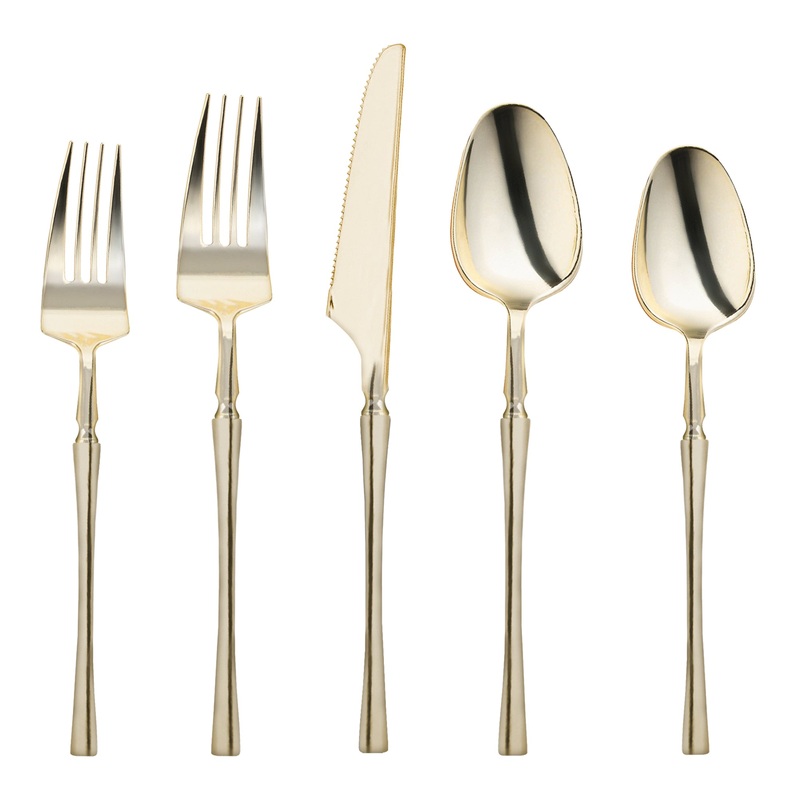 Shiny Gold Moderno Disposable Plastic Cutlery Set – 20 Spoons, 20 Forks, 20 Knives, 20 Dessert Spoons, and 20 Dessert Forks