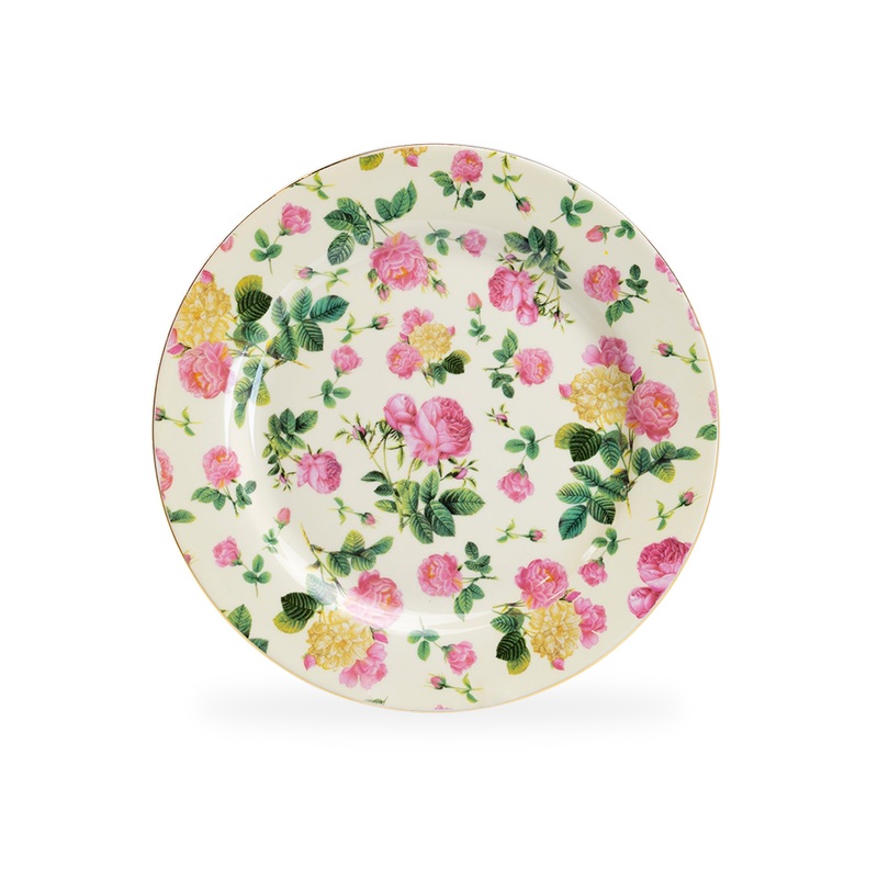 8″ Cream Cottage Rose Chintz Fine Porcelain Dessert Plate with Gold Rim Set of 4