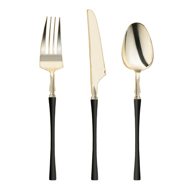 Gold with Black Handle Moderno Disposable Plastic Cutlery Set – 20 Spoons, 20 Forks and 20 Knives