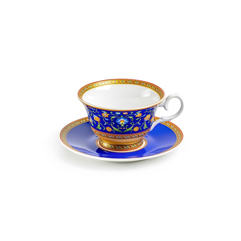 Royal Blue Floral Bone China Tea Cup and Saucer