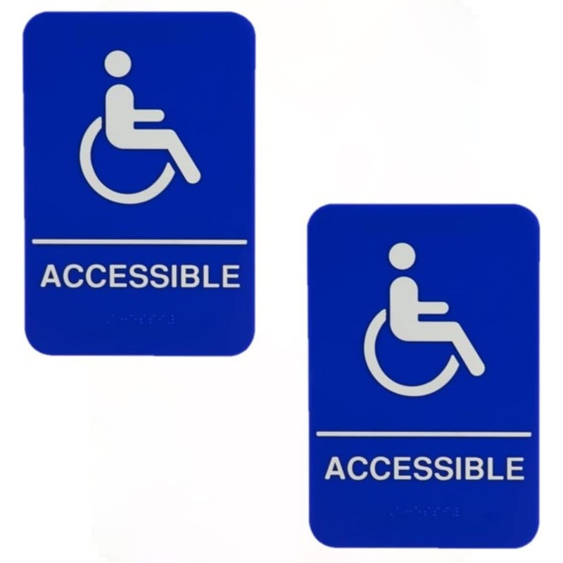 6″ x 9″ Wheelchair Accessible Restroom Sign with Braille Easy Peel Self-Adhesive White on Blue Color Set of 2- Waterproof Self Adhesive Store Signs Indoor/Outdoor Warning Marker Home Business Use