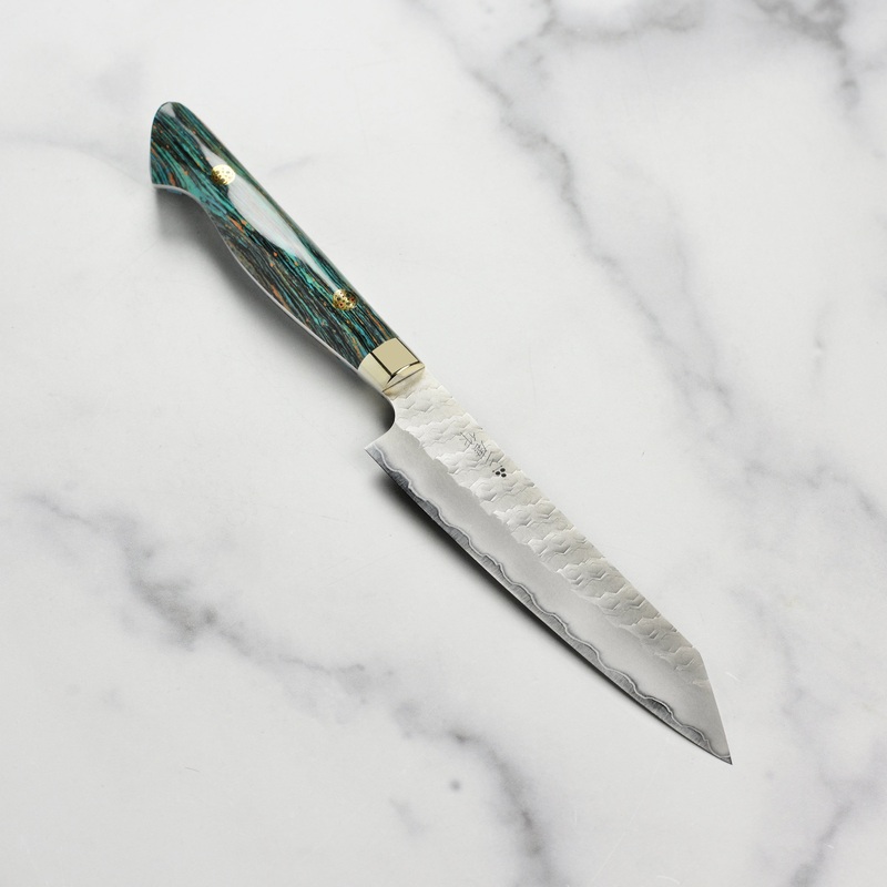 Nigara SG2 Migaki Tsuchime 5.9″ Kiritsuke Petty, Striped Turquoise