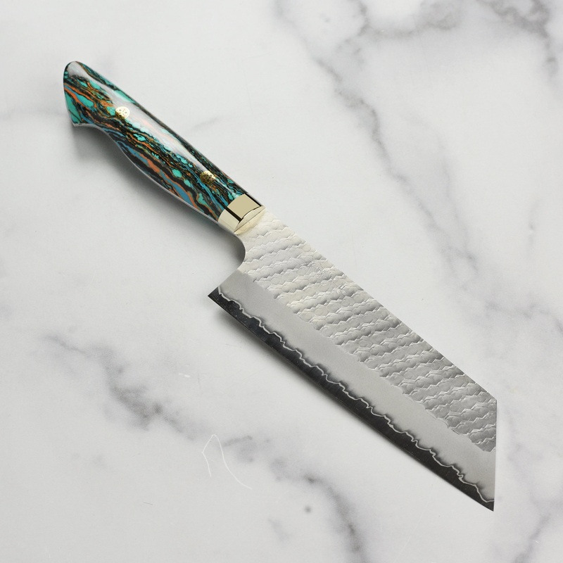 Nigara SG2 Migaki Tsuchime 7″ Kiritsuke Nakiri, Marbled Turquoise