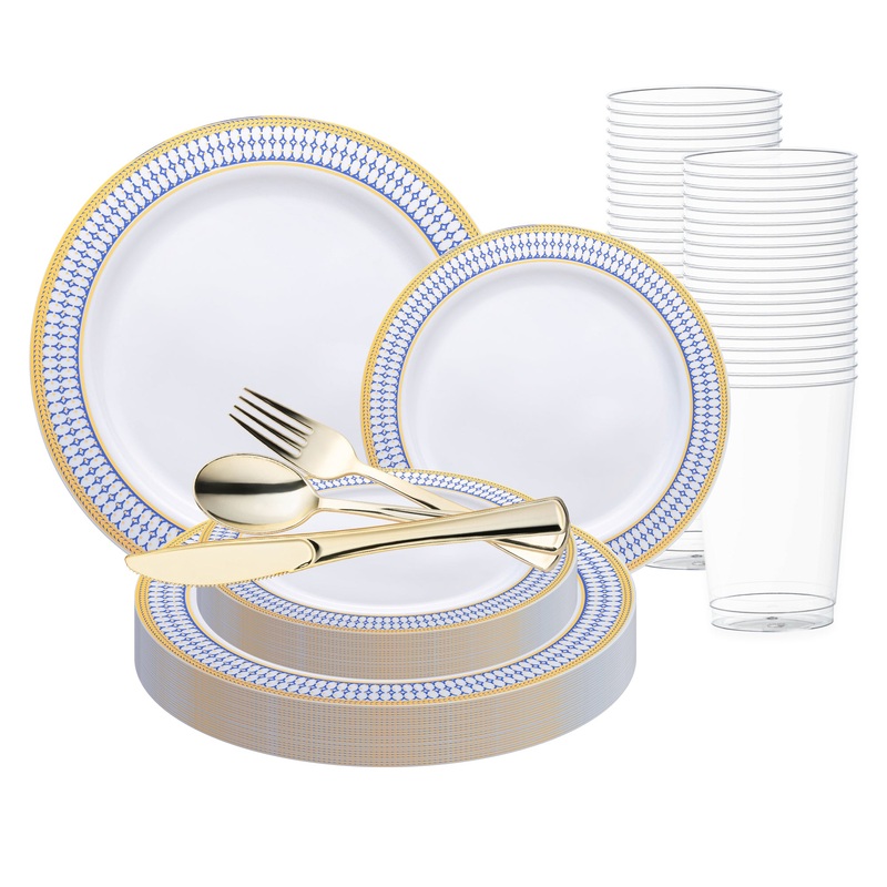 White with Blue and Gold Chord Rim Plastic Wedding Value Set