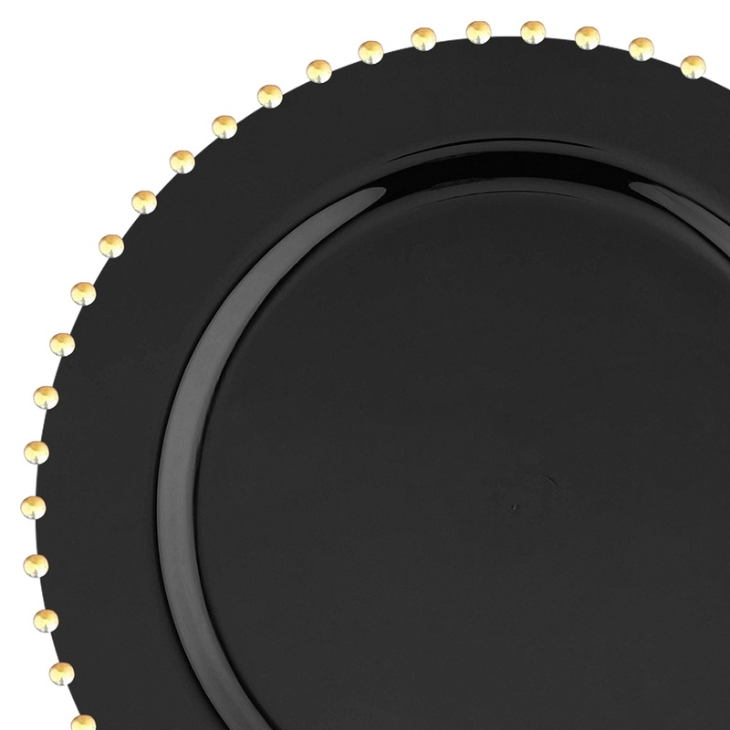Black with Gold Pearl String Round Disposable Plastic Dinner Plates (10)