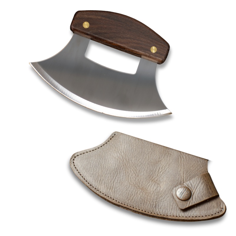 Walnut Ulu Knife with Stand and Leather Ulu Sheath Kit