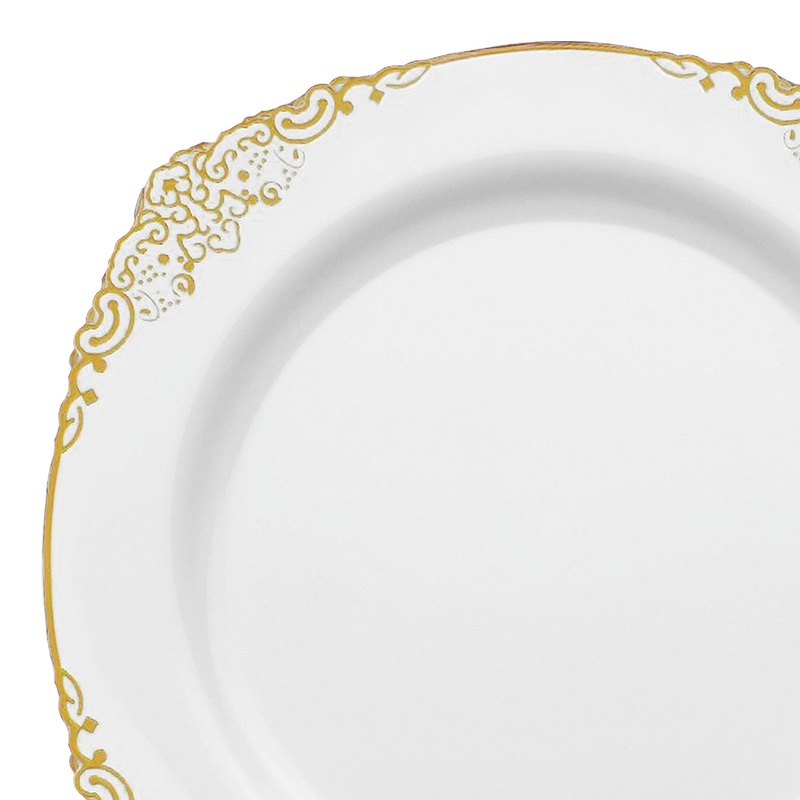 White with Gold Fancy Round Disposable Plastic Dinner Plates (10.25)