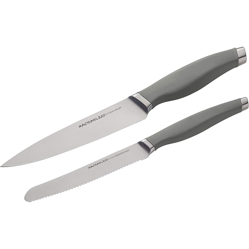 Rachael Ray 6-Inch Utility Knife and 5-Inch Serrated Utility Knife Set, Gray