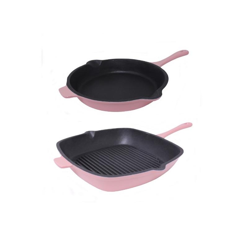 BergHOFF Neo 2pc Cast Iron 10″ Fry Pan & 11″ Grill Pan Cookware Set, Pink