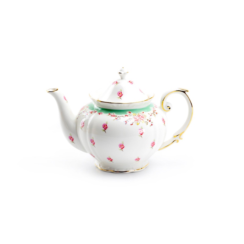 Rose with Green Accent Fine Porcelain Teapot
