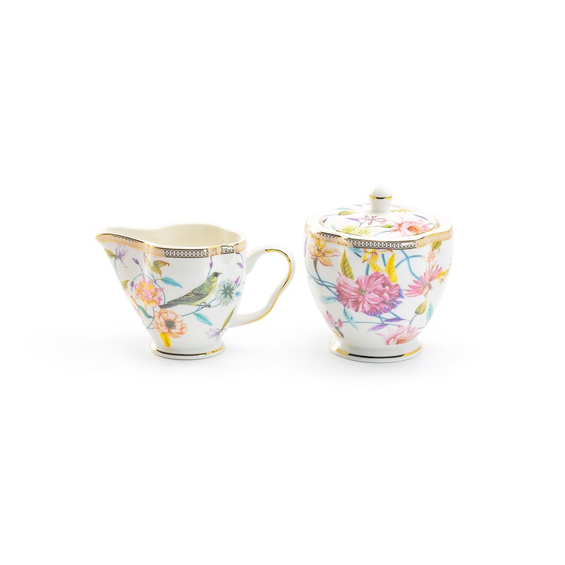 Spring Flowers with Bird Fine Porcelain Sugar & Creamer Set