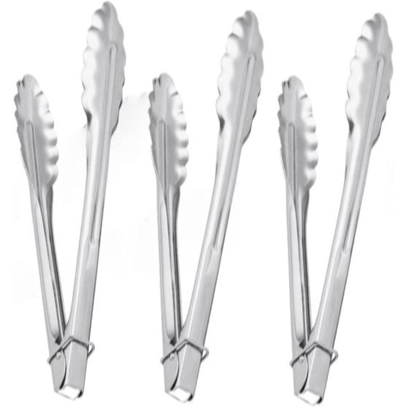 Stainless Steel Flat Spring Utility Tong with Locking Ring Set of 3- Food Tongs Cooking Tongs for Grilling Barbecue Buffets Home Restaurants Food Tong Buffet Tong Appetizer Tong