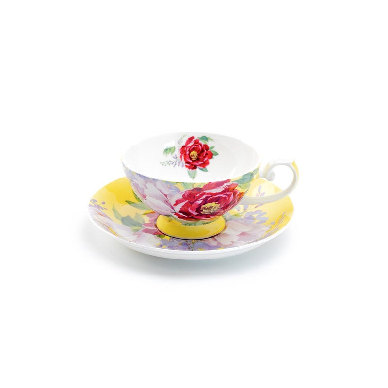 Red Peony Yellow Bone China Cup and Saucer