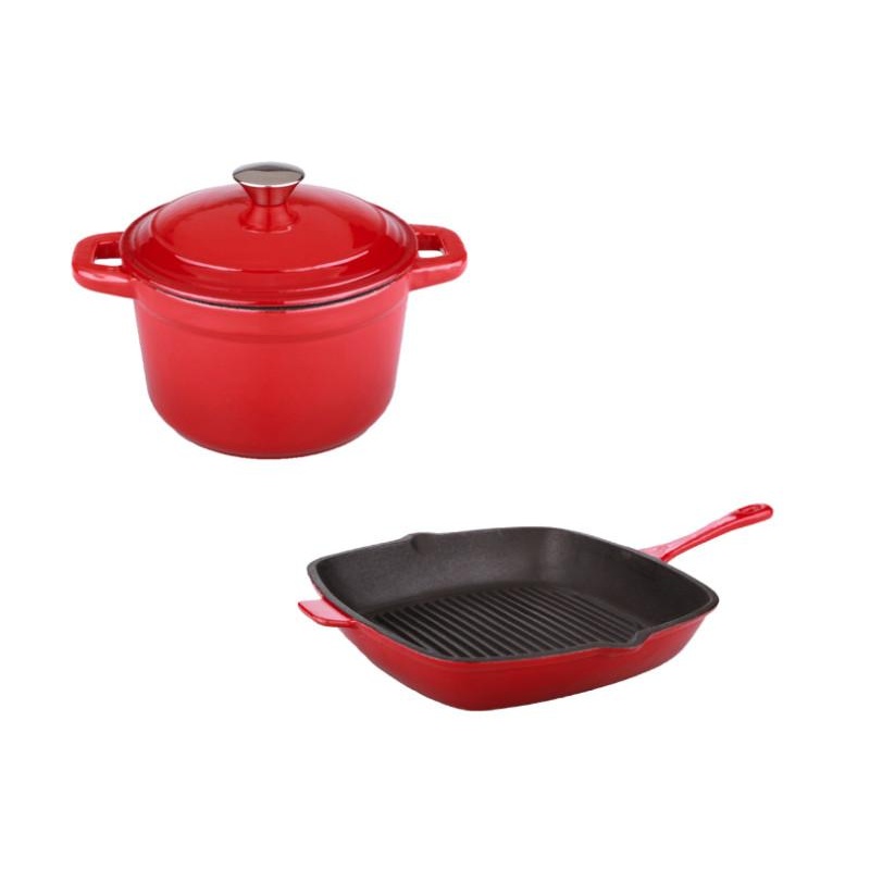 BergHOFF Neo 3pc Cast Iron Cookware Set, Grill Pan & Round Dutch Oven, Red