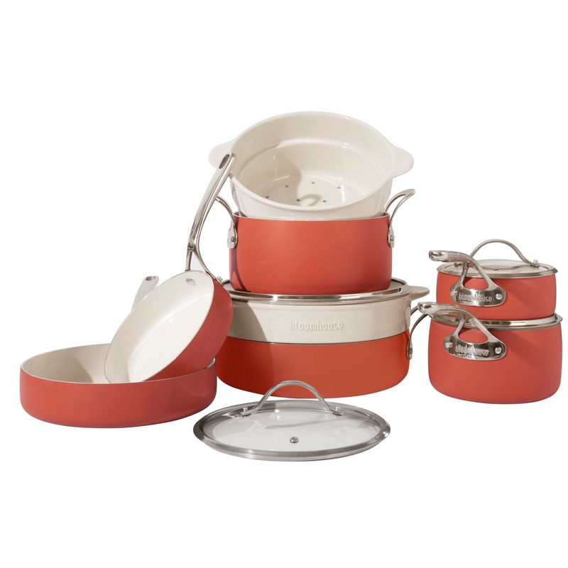 Bloomhouse 12 Piece Aluminum Enamel Cookware Set w/ Non-stick Non-toxic Ceramic Interior and Ceramic Steamer Insert