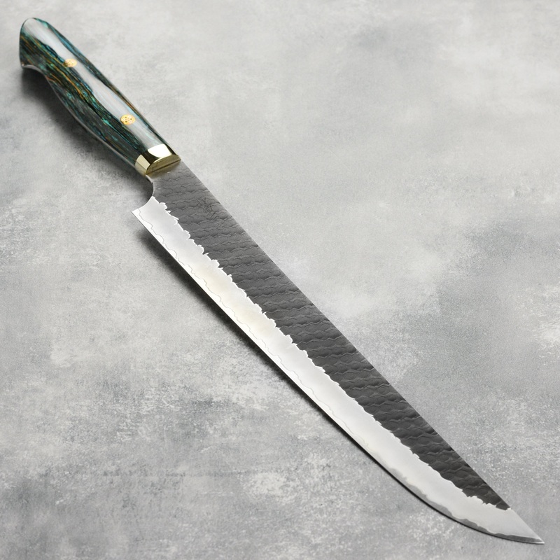 Nigara SG2 Kurouchi Tsuchime 11.8″ Sakimaru Sujihiki, Striped Turquoise
